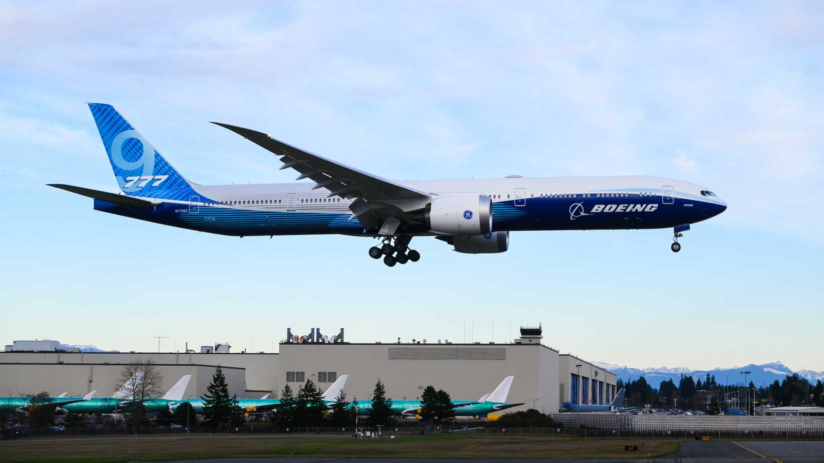 Boeing 777-9 aircraft landing at Boeing Everett factory