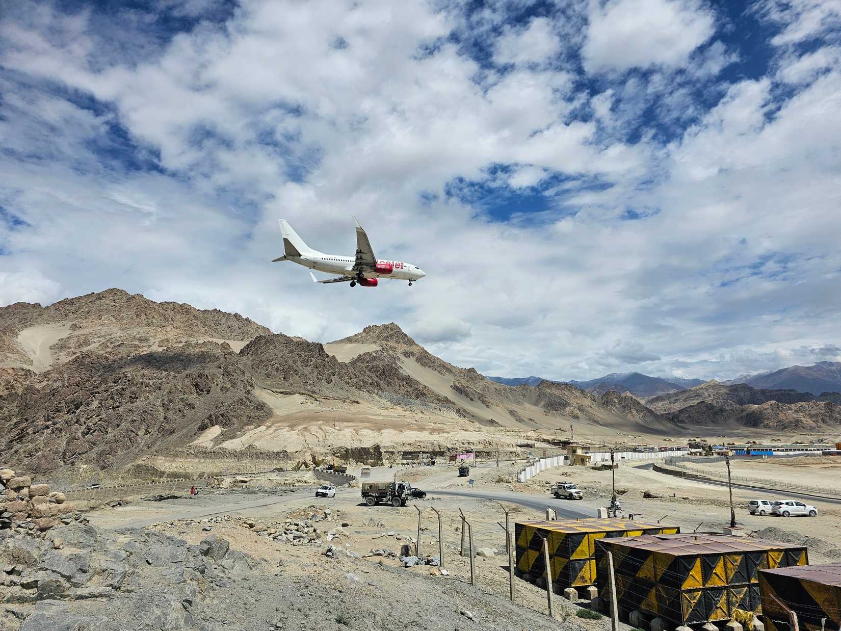 A spicejet aircraft approaching landing in Kushok Bakula Rinpoche airport of Leh, Ladakh