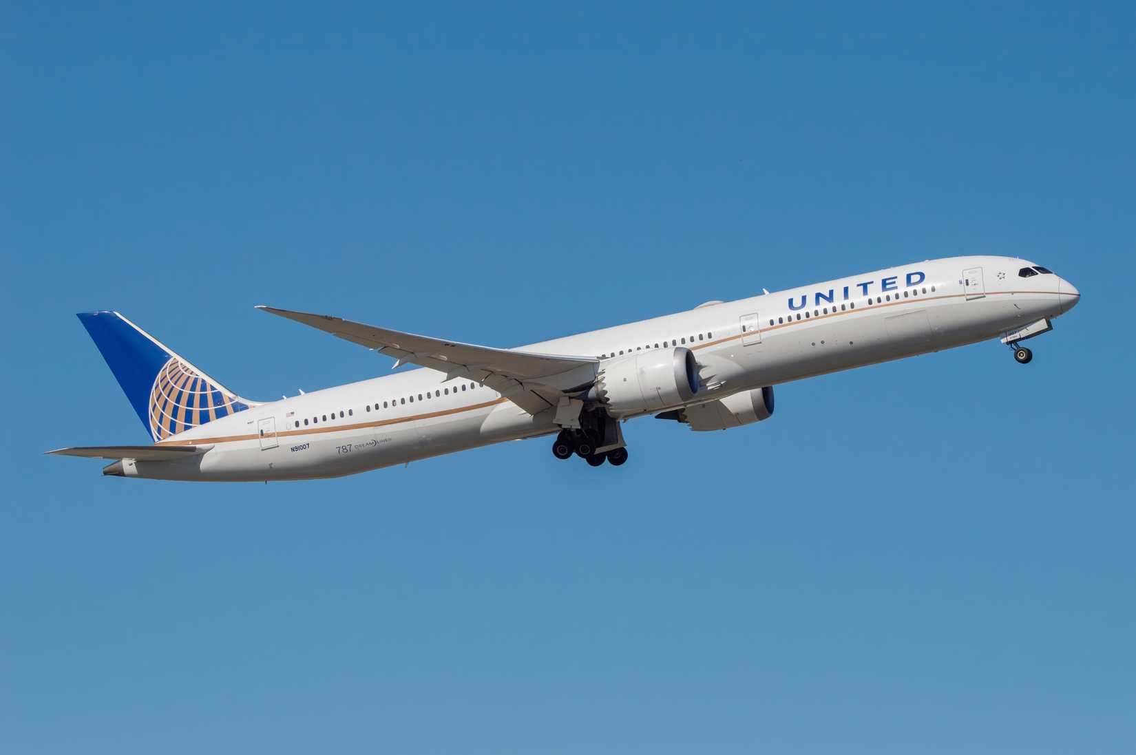 Lisbon, Portugal - September 29, 2025. A modern, long-haul Boeing 787-10 airliner of United Airlines taking off from Lisbon Airport, registration N91007.