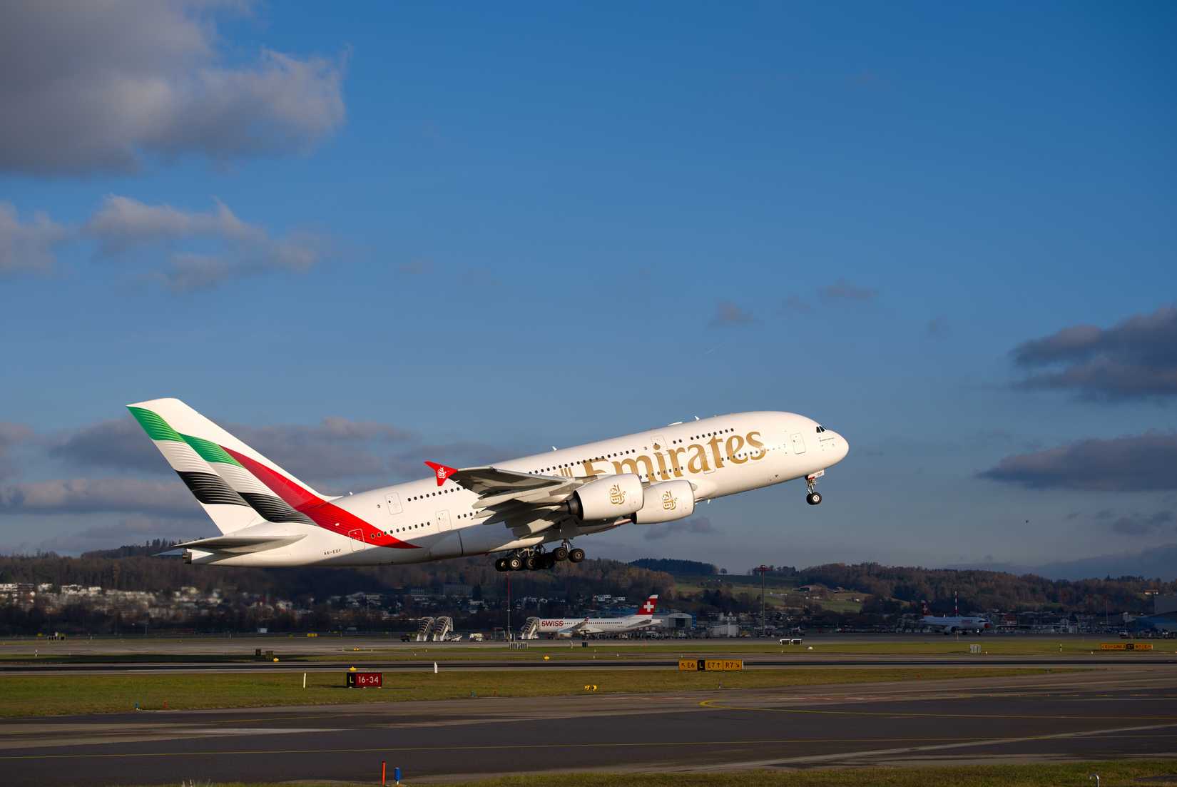Emirates Airbus A380 aircraft taking off 