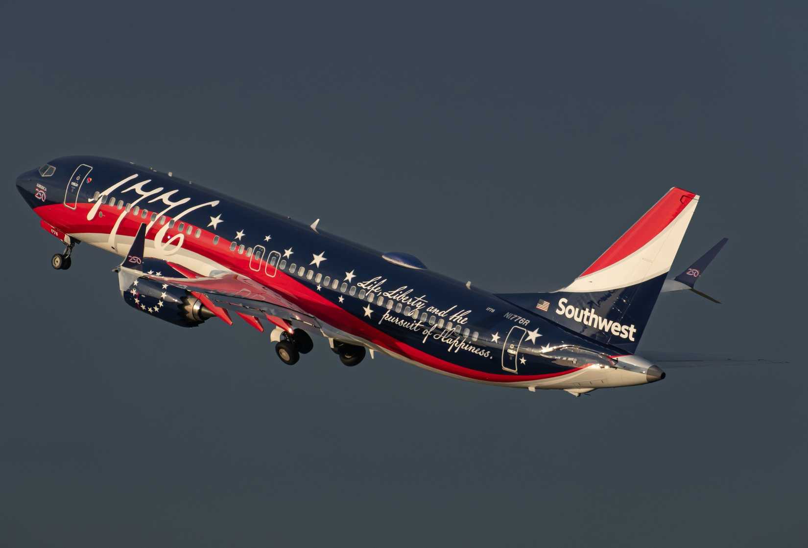 Tampa, FL, USA - June 26, 2026 - The striking "Independence One" livery of Southwest Airlines, painted on a Boeing 737 MAX 8, N1776R, celebrating America's 250 anniversary.