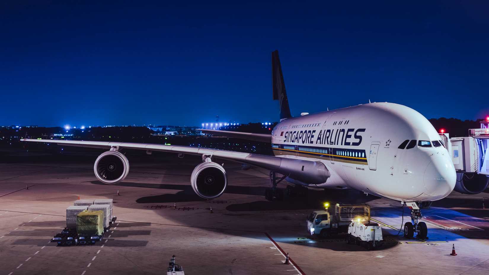 Singapore Airlines Airbus A380 parked at night