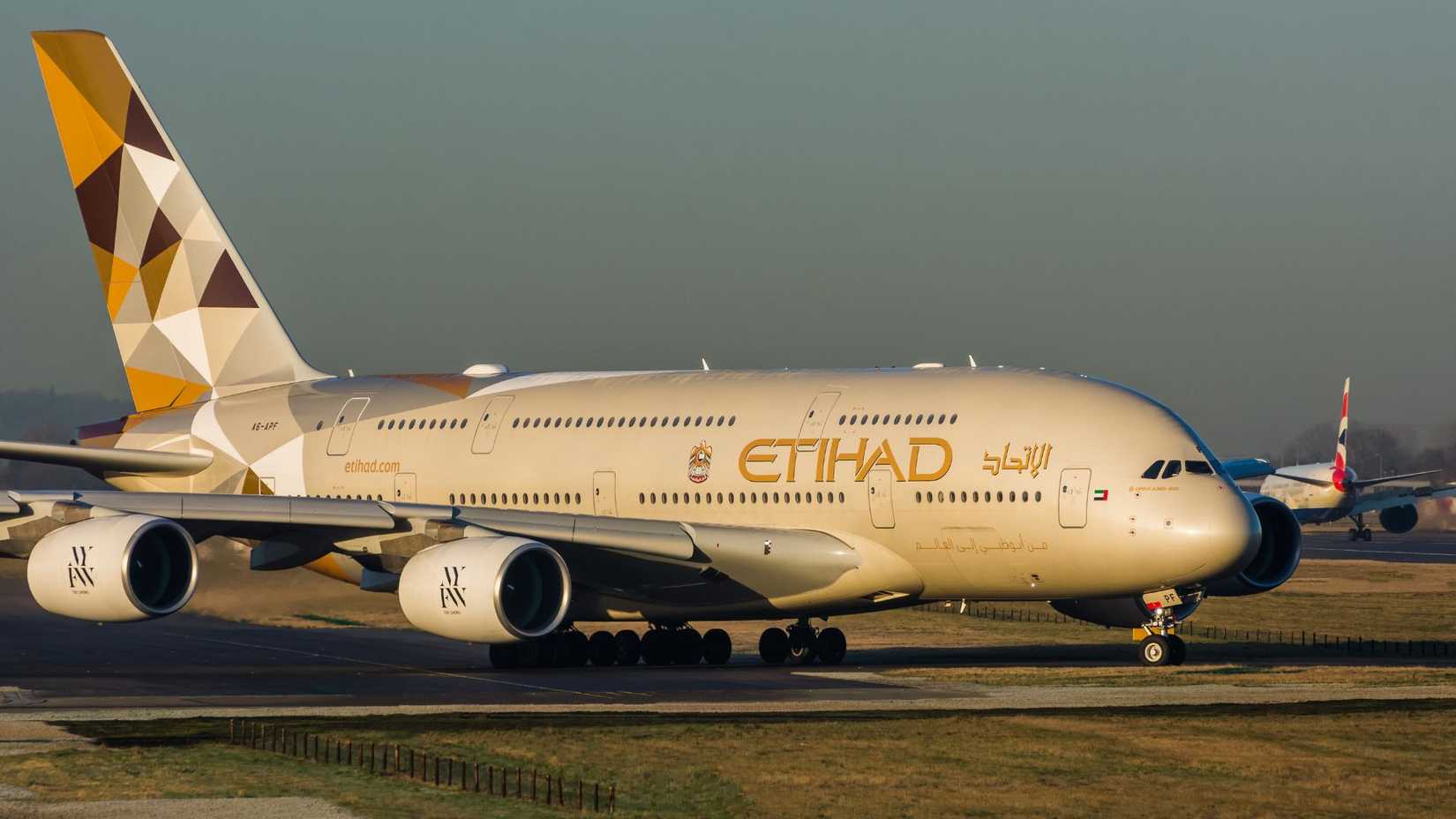 Etihad Airbus A380 taxiing to runway