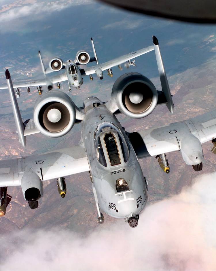 A photo of two A-10 Warthogs flying close, with one in the immediate foreground and the other following closely behind.