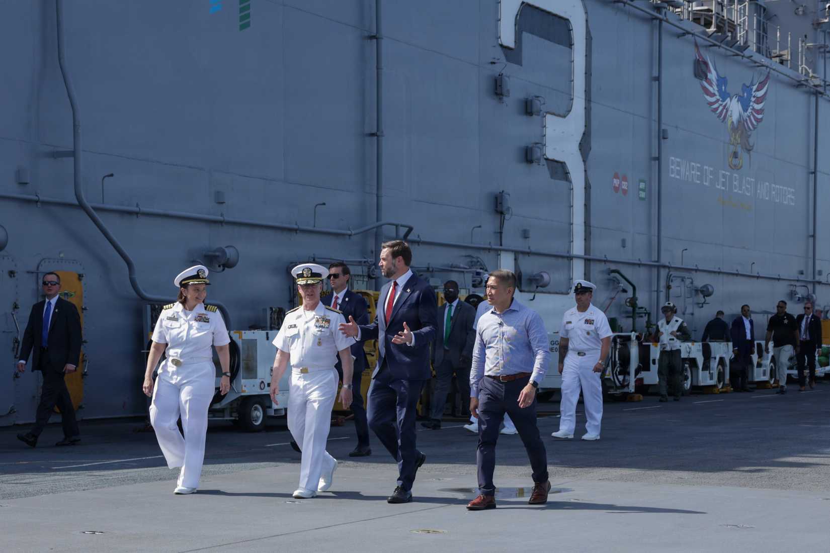 Vice President of the United States JD Vance, Acting Secretary of the Navy Hung Cao, Chief of Naval Operations Admiral Daryl Caudle, and Commanding Officer Captain Rosie Goscinski on USS Kearsarge
