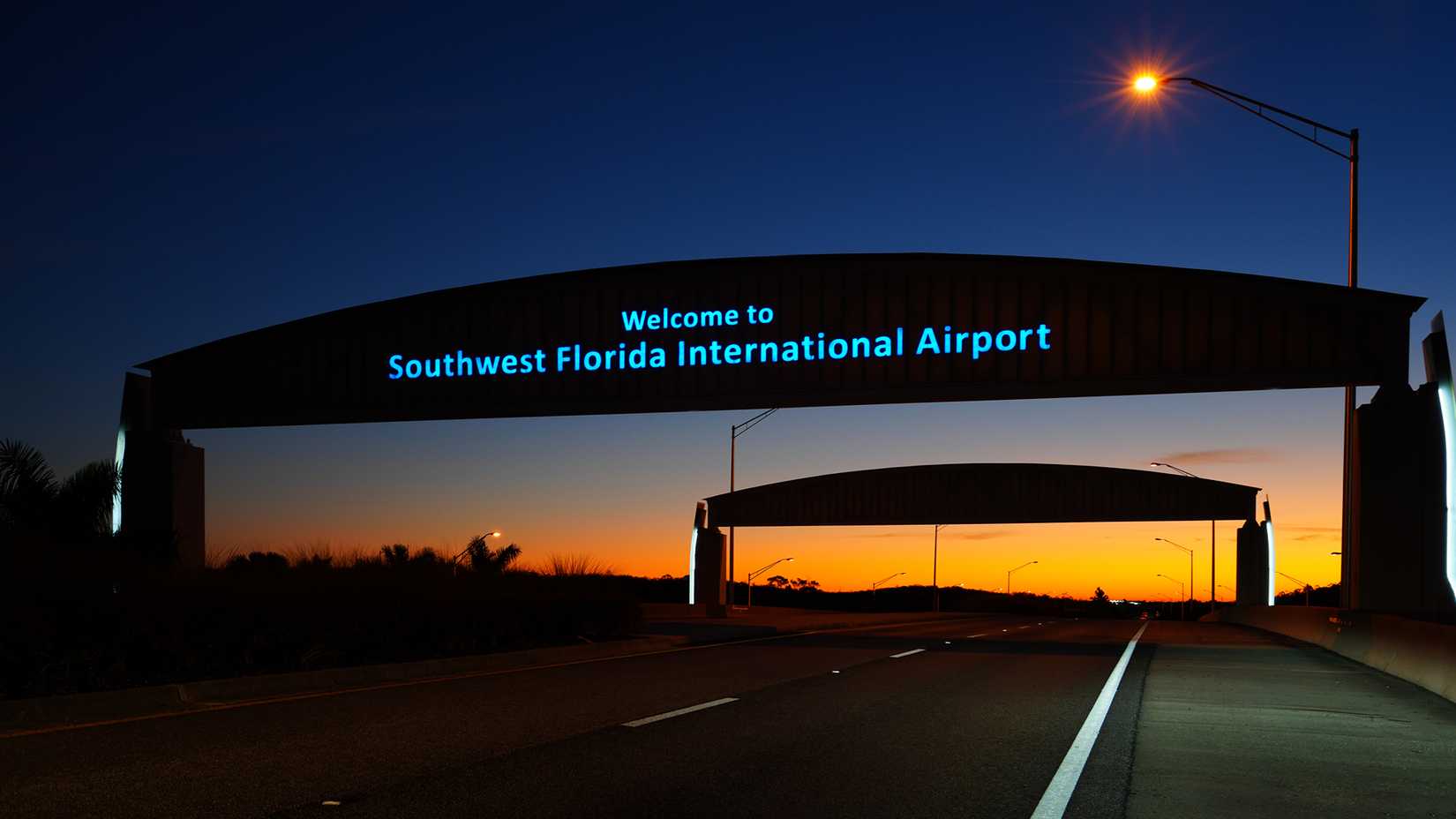 welcome sign at the entrance of the Southwest Florida International Airport