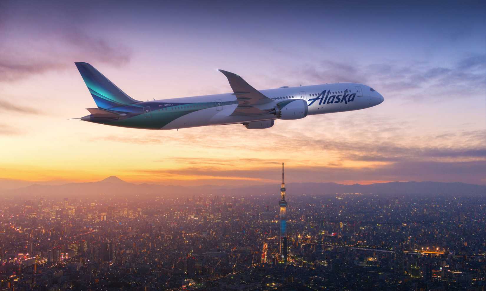 Alaska Airlines Boeing B787 in Tokyo at Night
