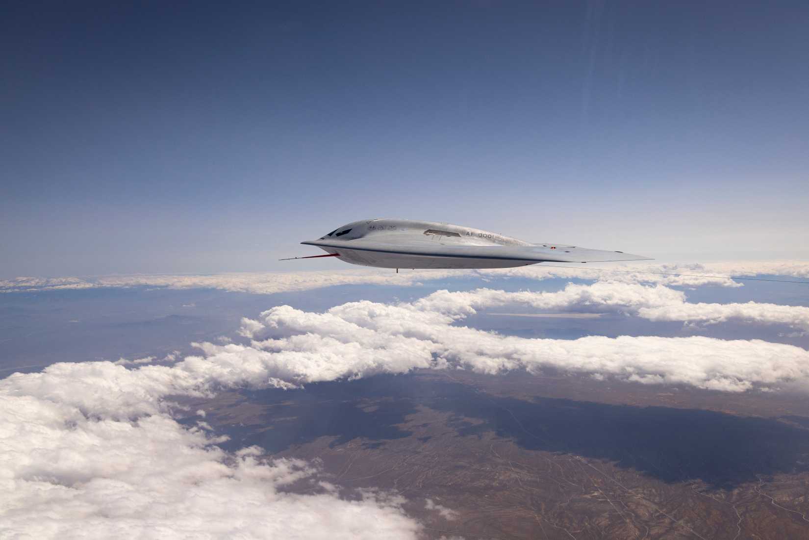 A B-21 Raider conducts flight testing
