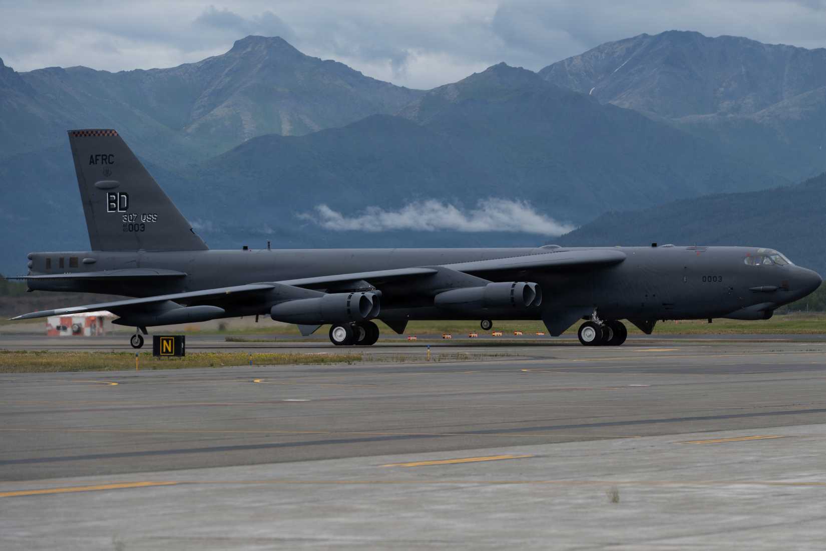 A B-52 Stratofortress parks to await participation in the Arctic Thunder Open House-1