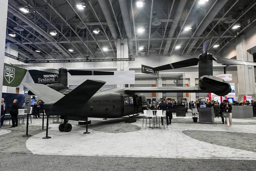 A Bell MV-75 tiltrotor aircraft is featured at the Association of the United States Army