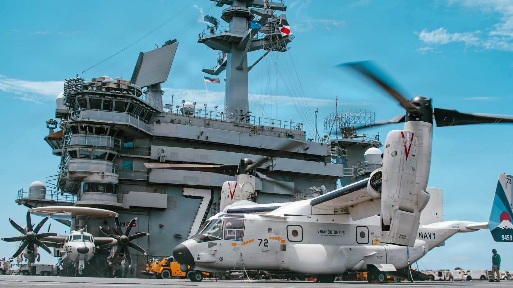 A CMV-22B Osprey, attached to Fleet Logistics Multi Mission Squadron (VRM) 30, prepares to take off from the flight deck of Nimitz-class aircraft carrier USS George Washington (CVN 73)