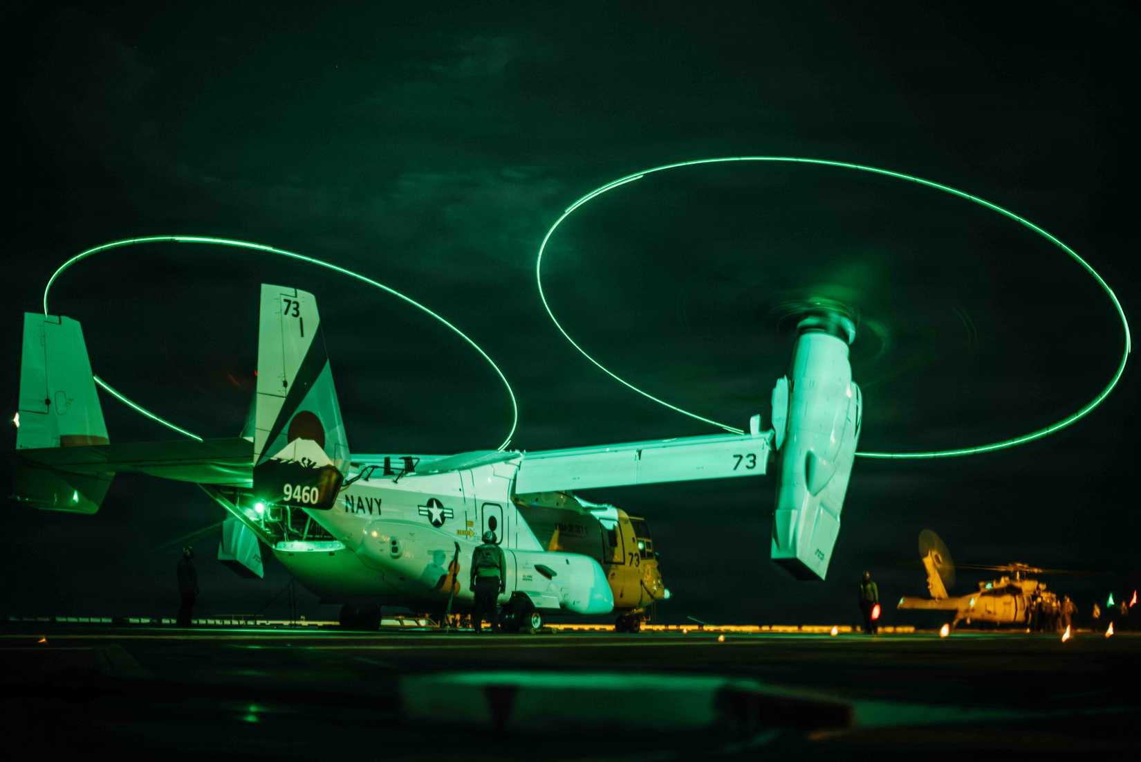 A CMV-22B Osprey, attached to Fleet Logistics Support Squadron (VRM) 30, prepares for take off on the flight deck