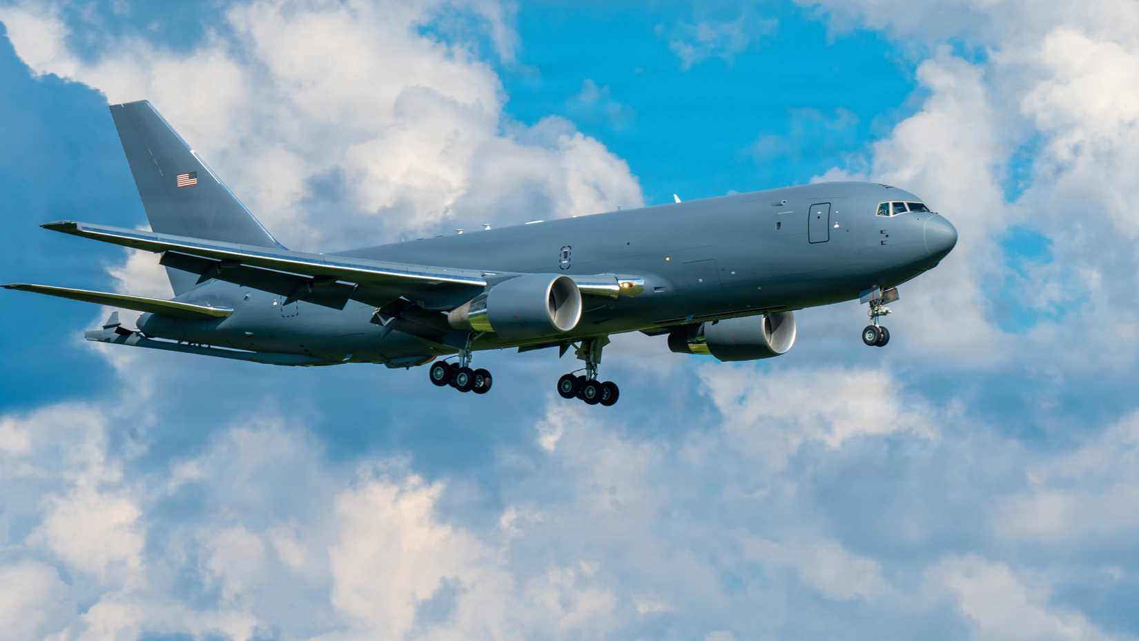 A KC-46A Pegasus aircraft prepares to land at Joint Base McGuire-Dix-Lakehurst