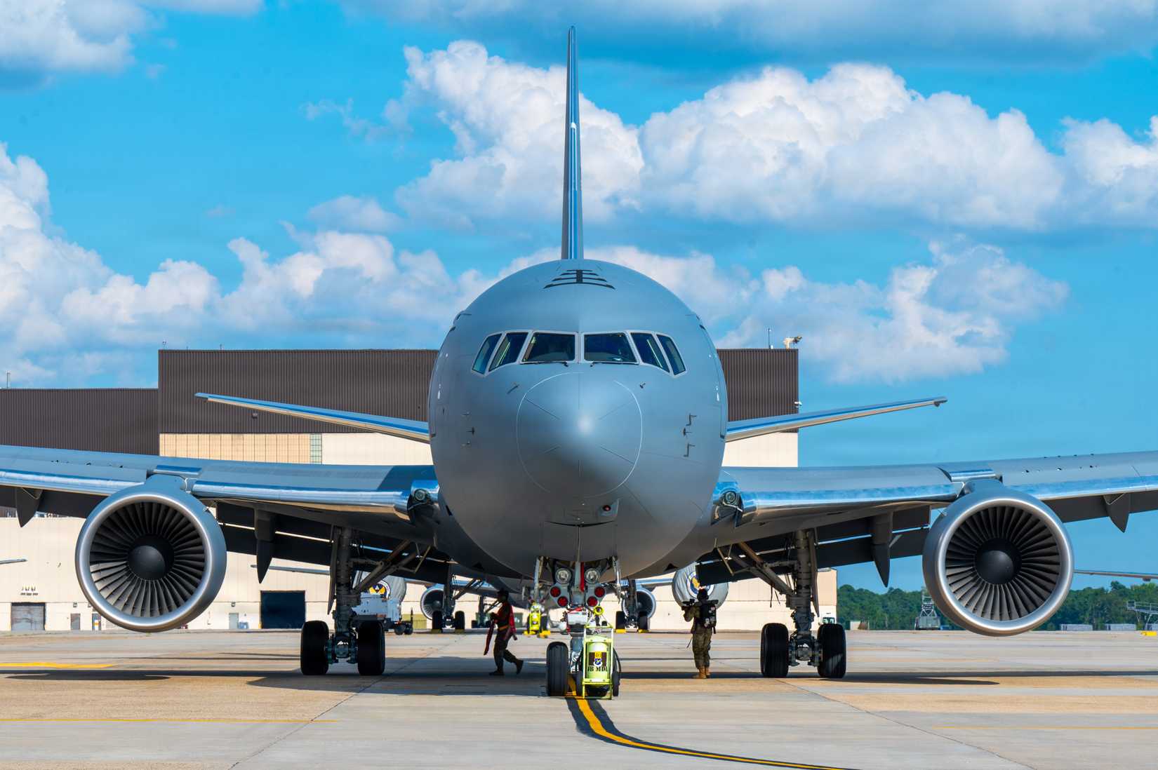 A KC-46A Pegasus aircraft sits on the flight line at Joint Base McGuire-Dix-Lakehurst, N.J.