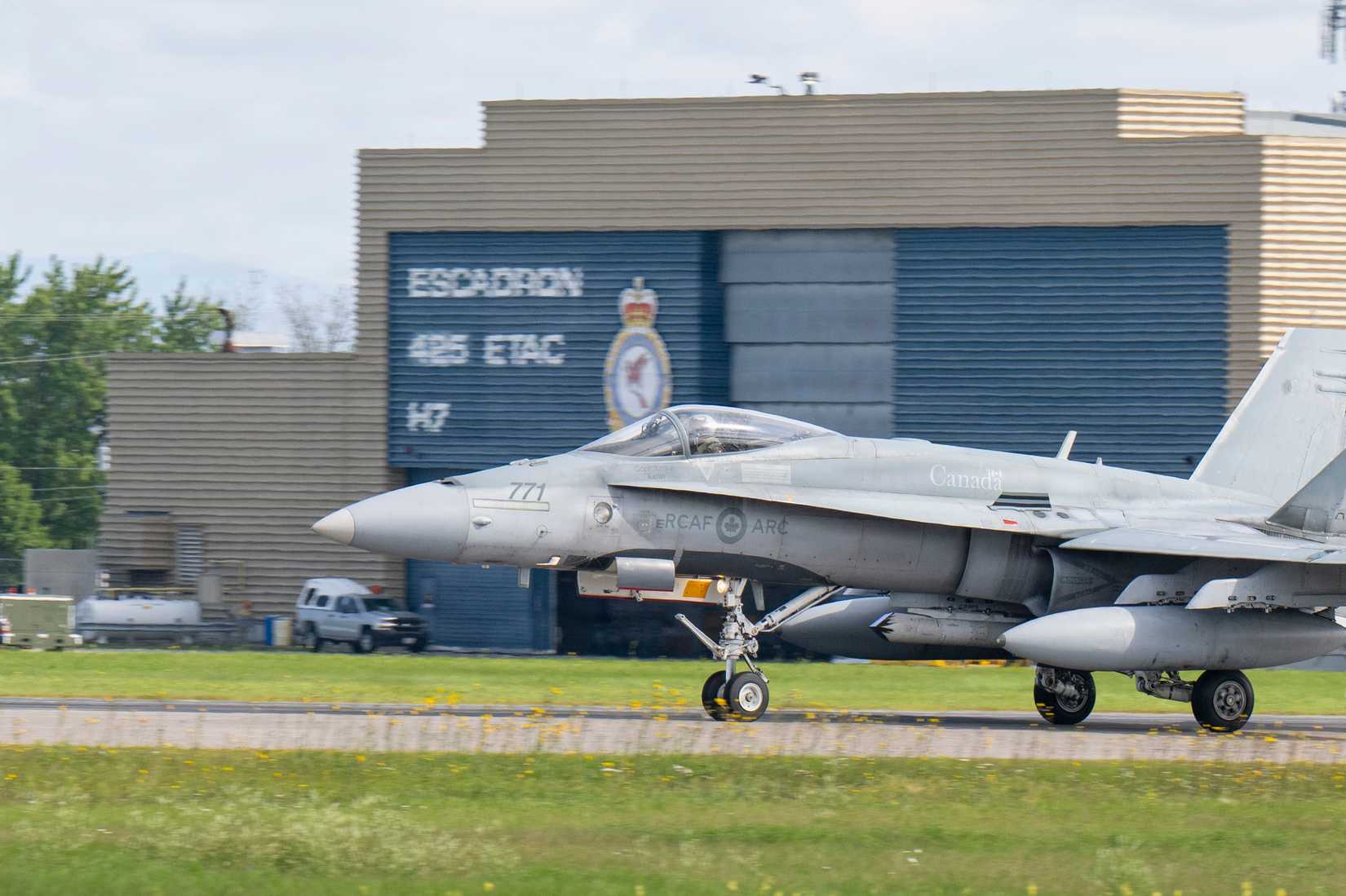 A Royal Canadian Air Force CF-188 Hornet fighter aircraft at Canadian Forces Base Bagotville
