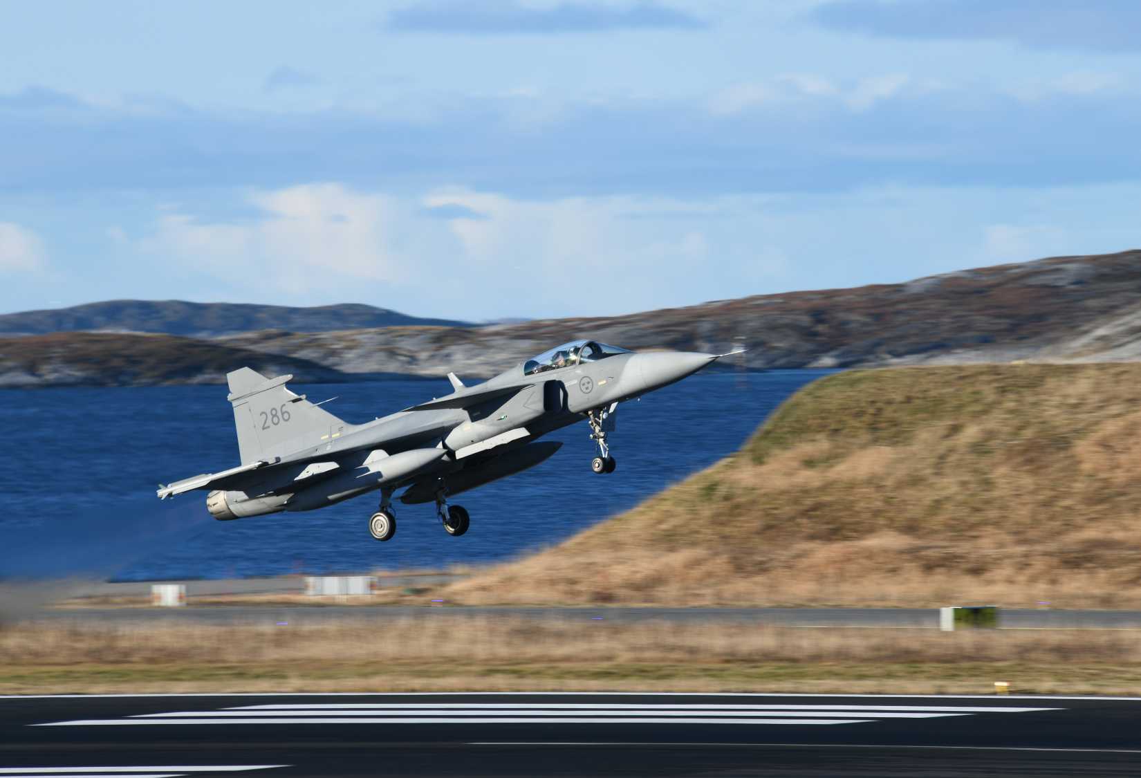 A Swedish Air Force JAS 39 Gripen lands at Bodo Air Station, Norway