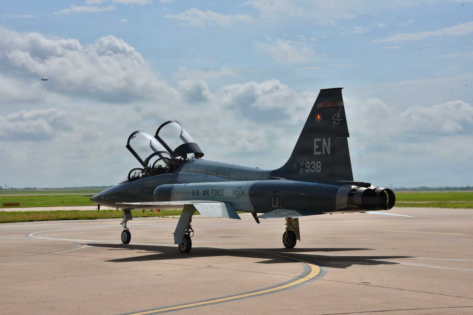 A T-38 Talon aircraft taxis before takeoff at Sheppard Air Force Base, Texas
