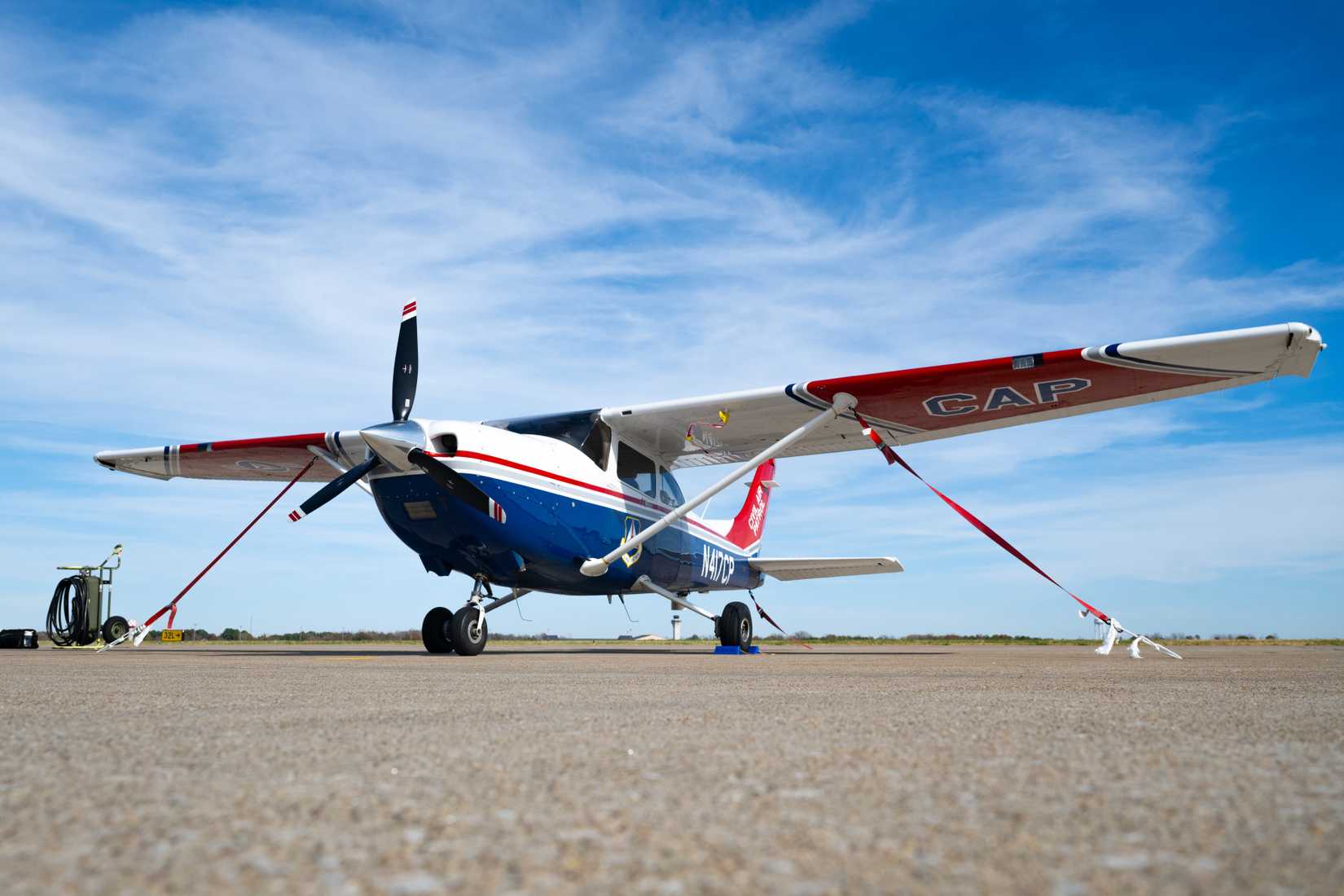 A United States Civil Air Patrol Cessna 182-T Skylane sits on the flightline on Scott Air Force Base