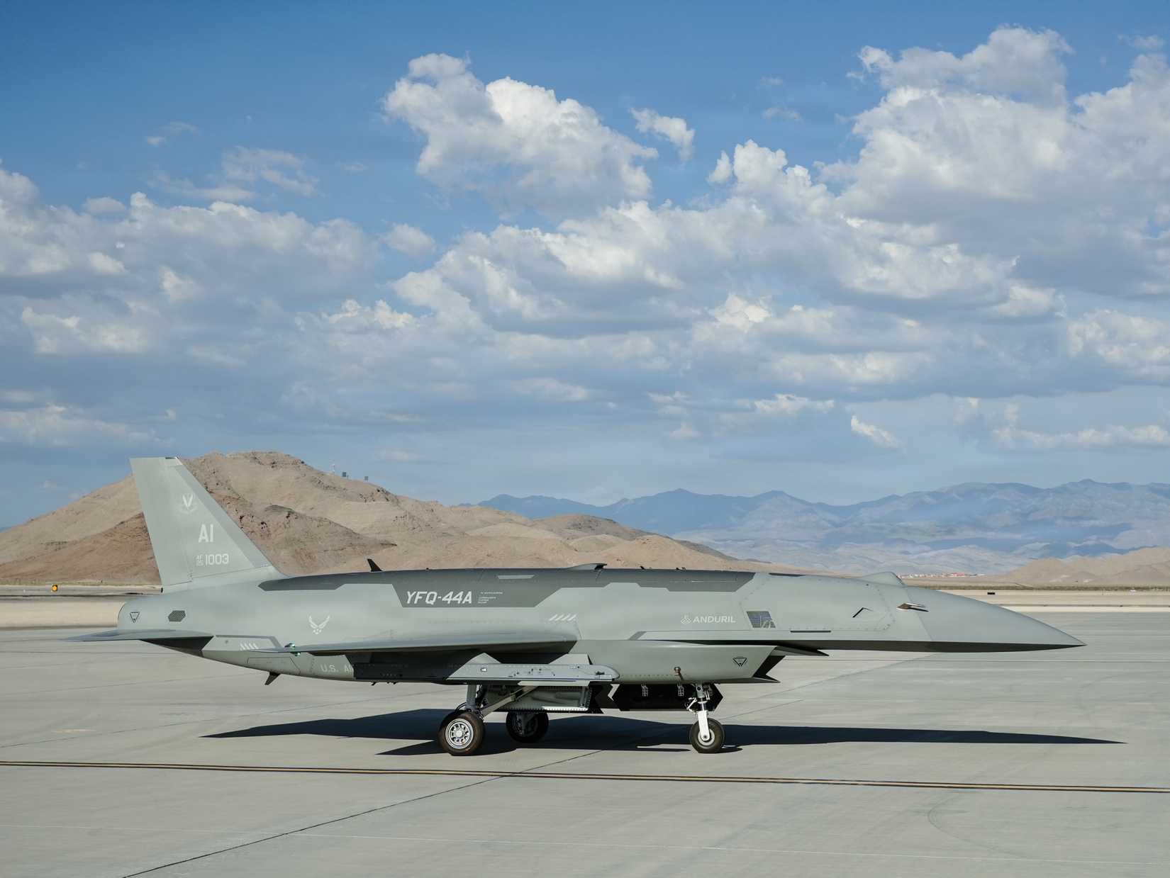 A YFQ-44A Fury aircraft assigned to the Collaborative Combat Aircraft Experimental Operations Unit taxis at Creech Air Force Base