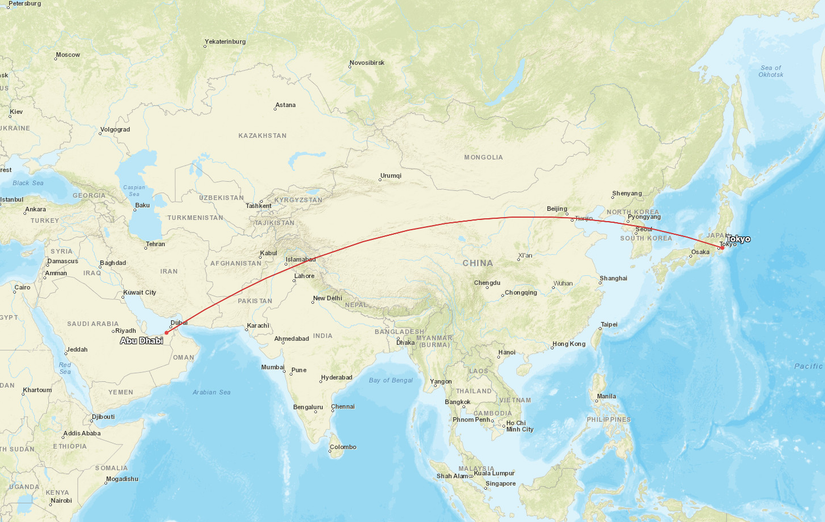 Abu Dhabi Tokyo Route Map