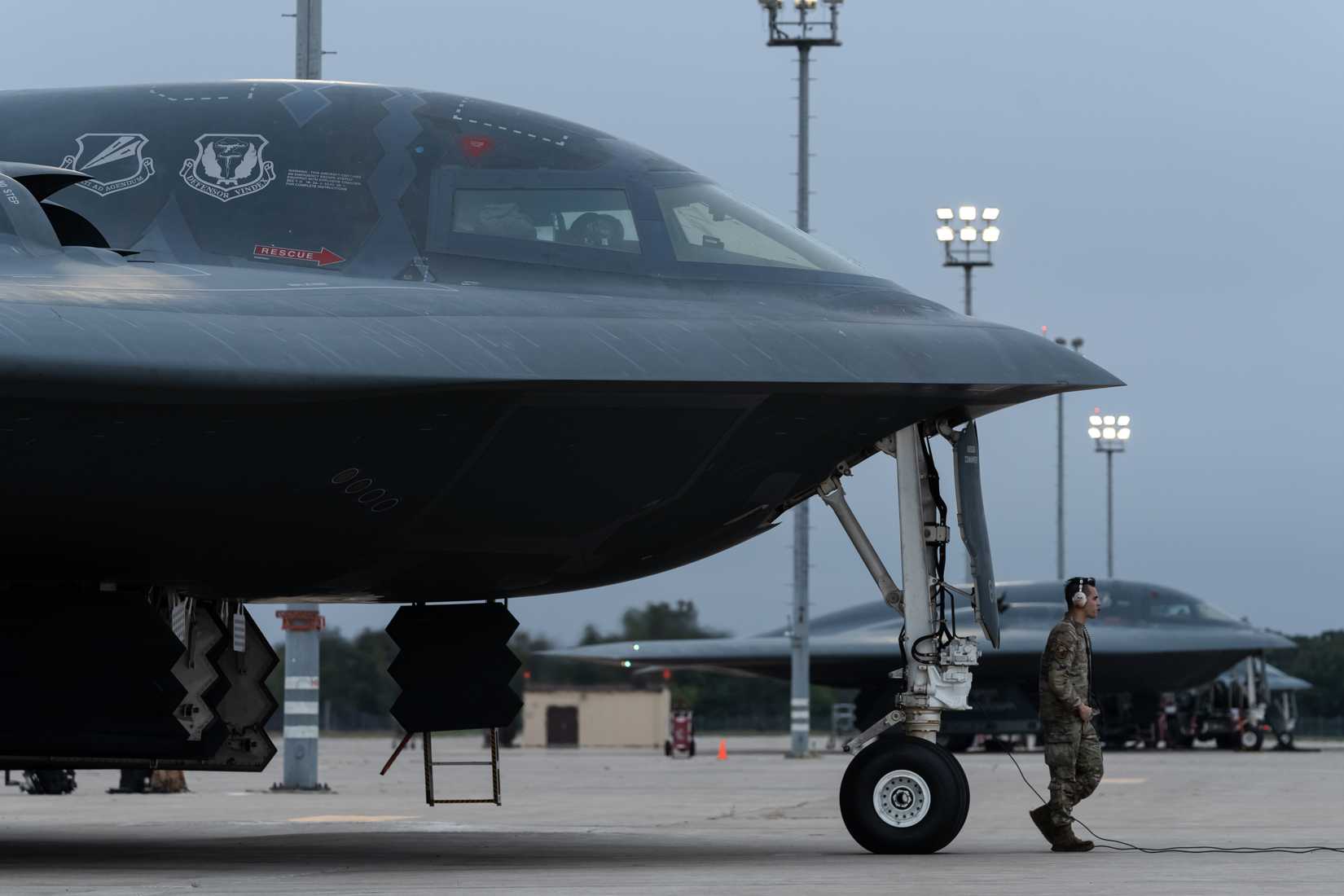 Air Force B-2 Spirit aircraft are shown on the flight line at Whiteman Air Force Base