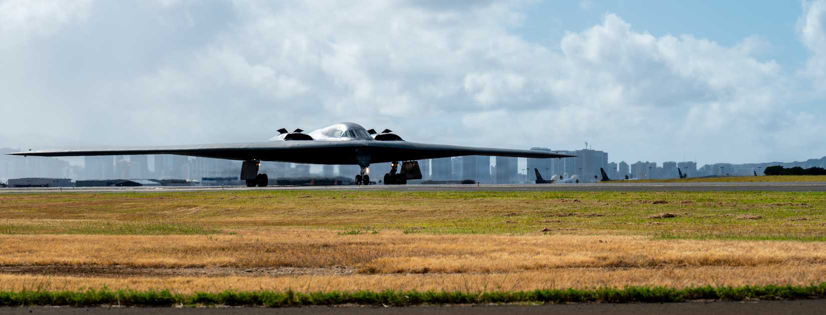 Air Force B-2 Spirit stealth bomber taxis after a Bomber Task Force mission at Joint Base Pearl Harbor-Hickam, Honolulu, Hawaii
