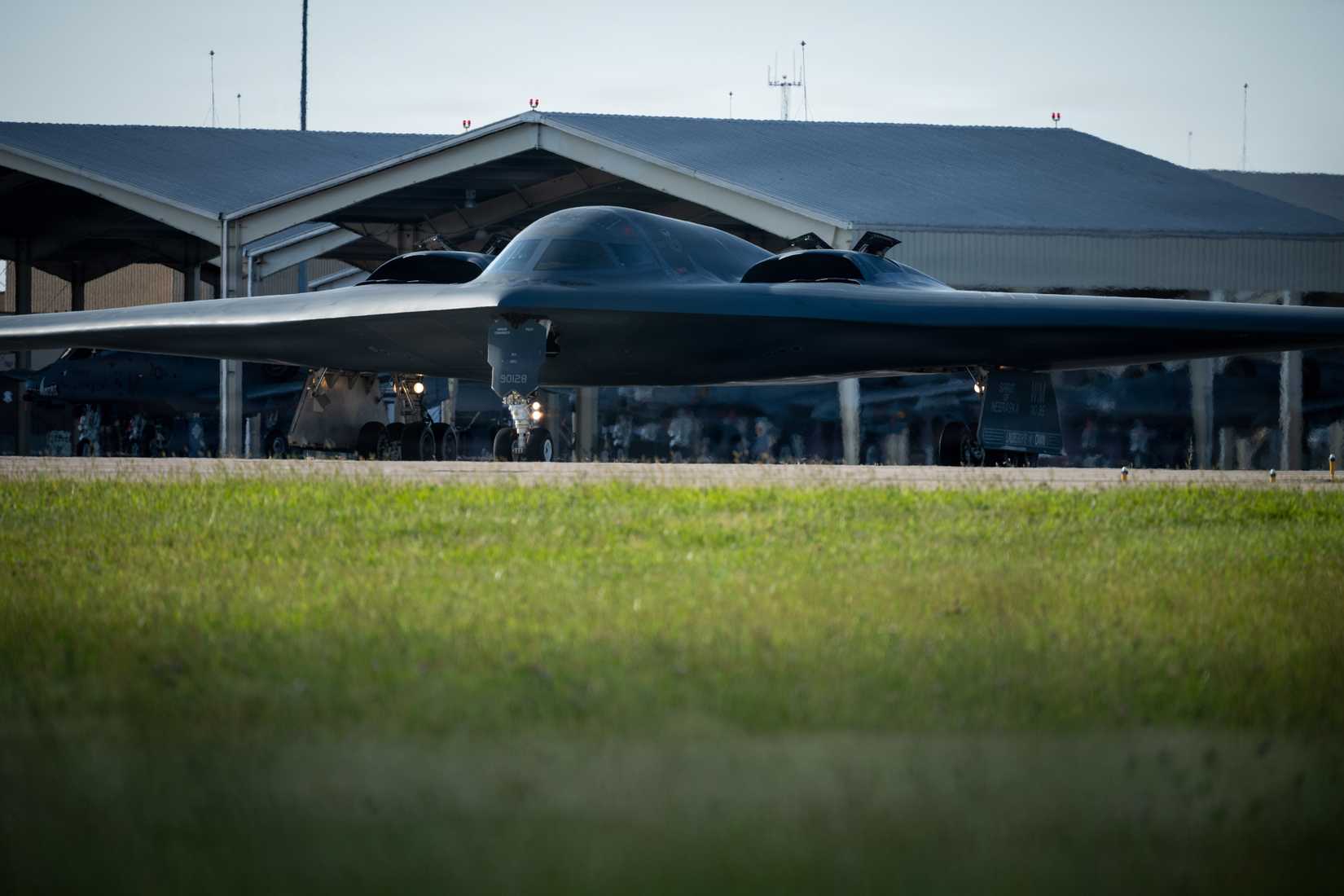 Air Force B-2 Spirit taxis on the flight line at Whiteman Air Force Base