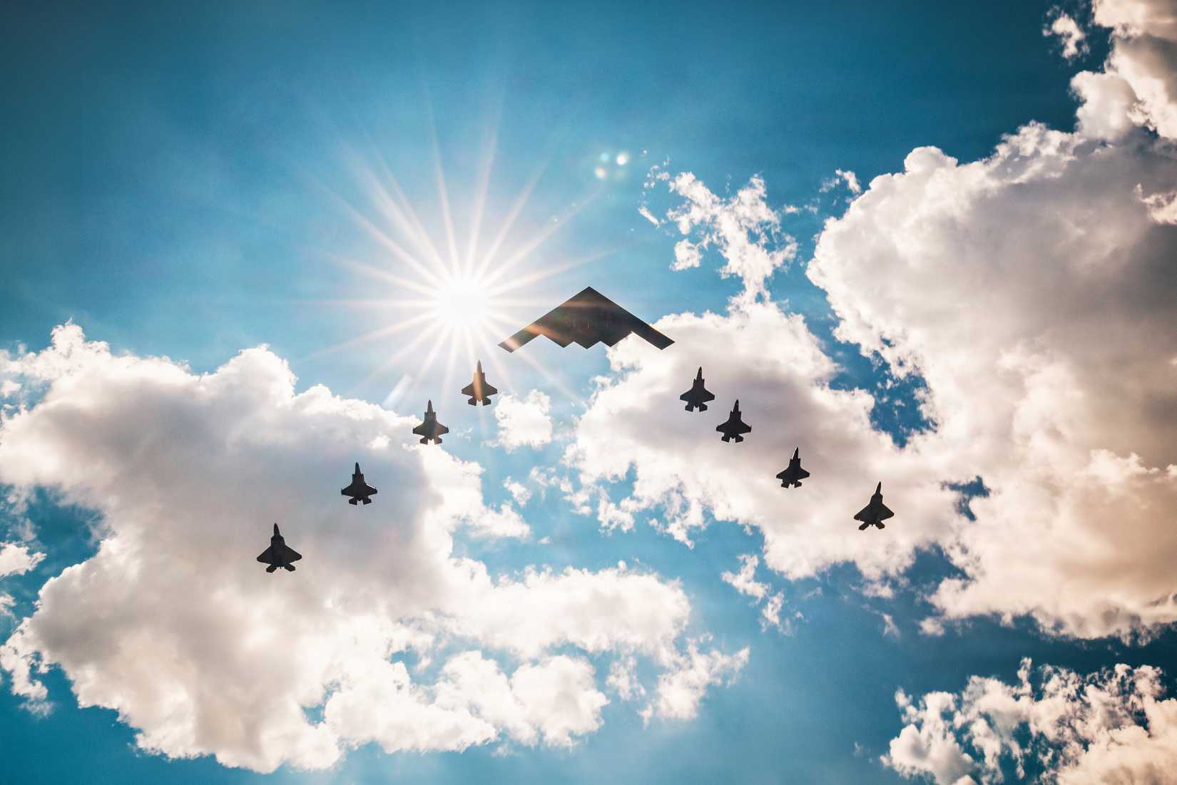 Air Force B-2 Spirit, two U.S. Air Force F-35A Lightning IIs,