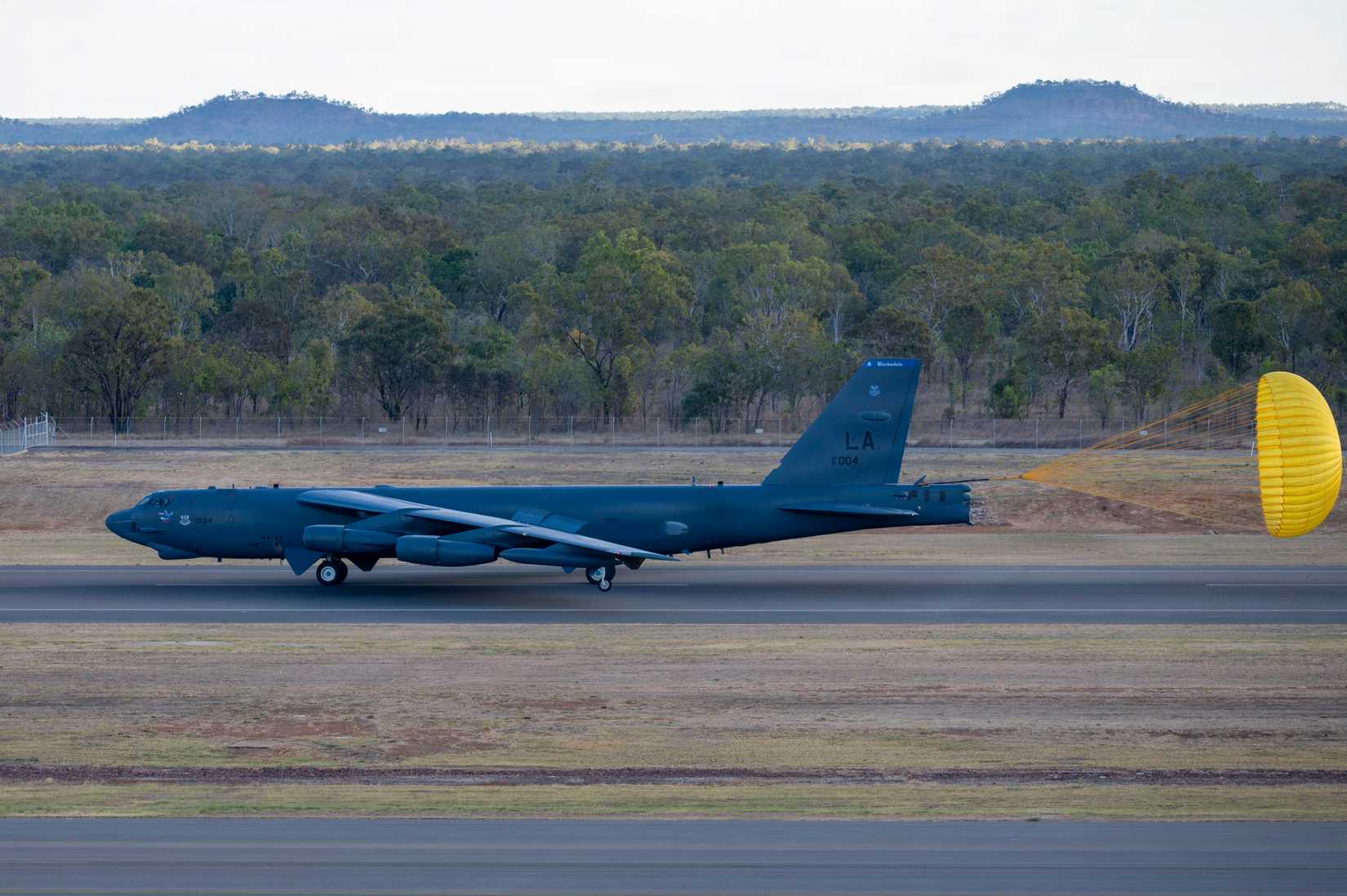 Air Force B-52H Stratofortress aircraft, assigned to the 2nd Bomb Wing, lands