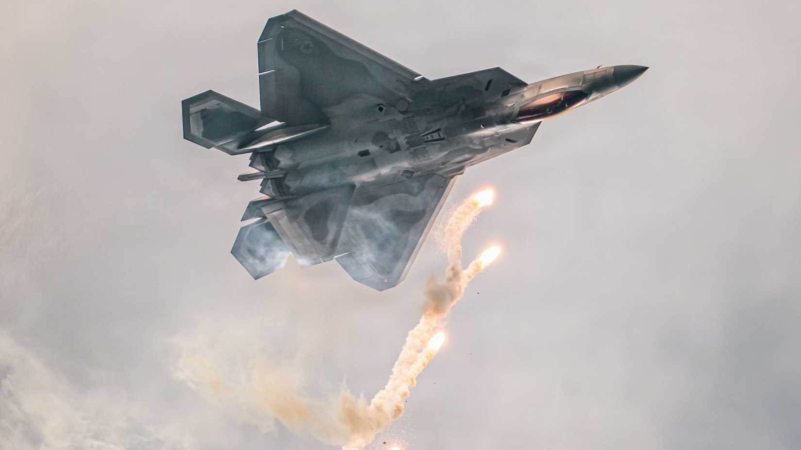 Air Force Capt. Nick “Laz” Le Tourneau, pilot and commander of the F-22 Raptor Aerial Demonstration Team, performs a demo