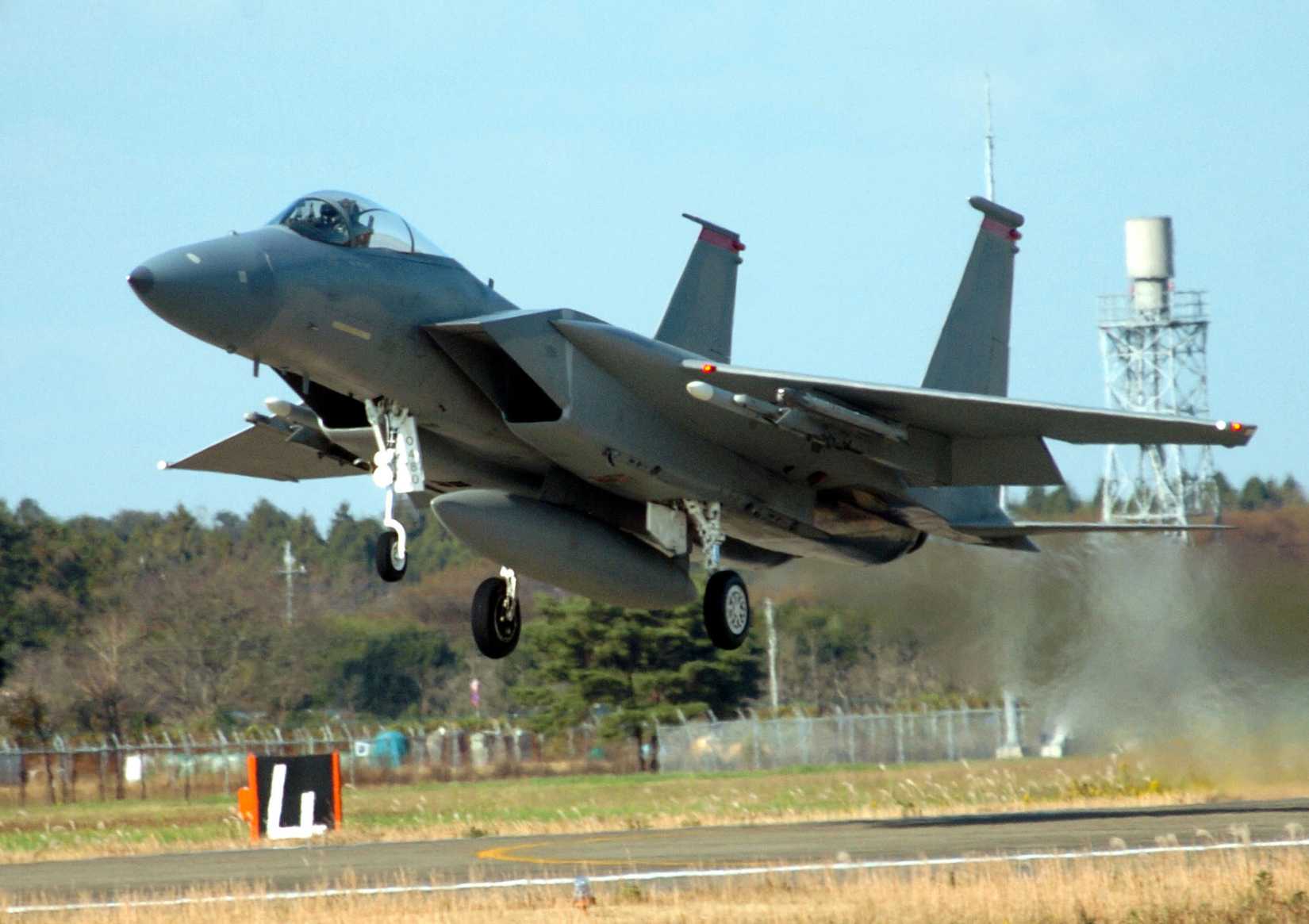 Air Force F-15 Eagle aircraft takes off for a mission from Hyakuri Air Base, Japan