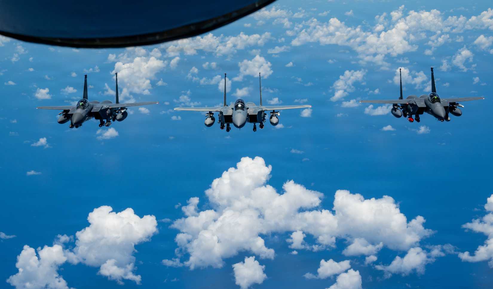 Air Force F-15EX Eagle II and F-15E Strike Eagle aircraft assigned to the 85th Test and Evaluation Squadron, Eglin Air Force Base