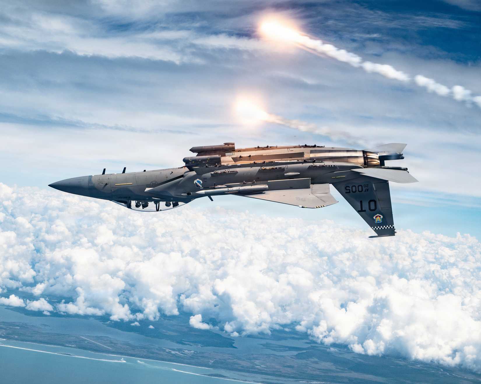Air Force F-15EX Eagle II assigned to Eglin Air Force Base, Florida, releases flares over the Gulf Coast