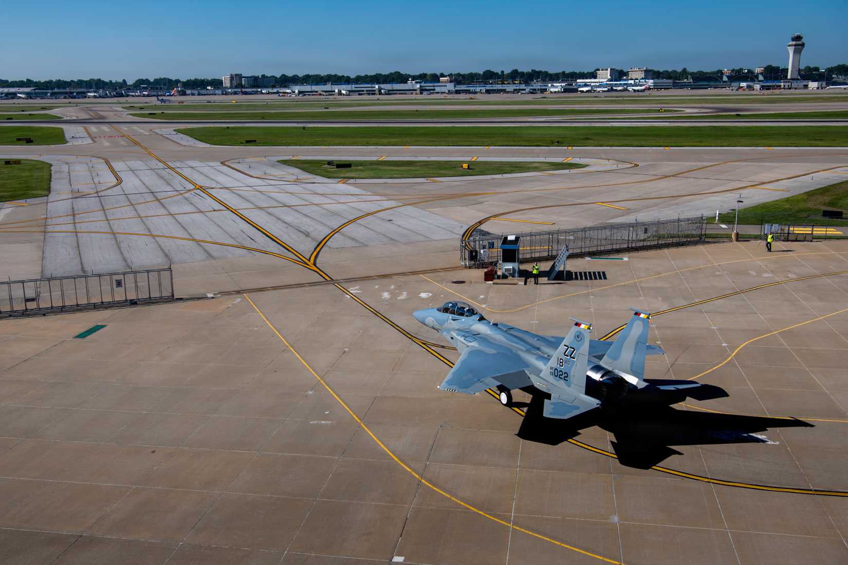 Air Force F-15EX Eagle II designated for Kadena Air Base, Japan, taxis at Boeing’s St. Louis facility