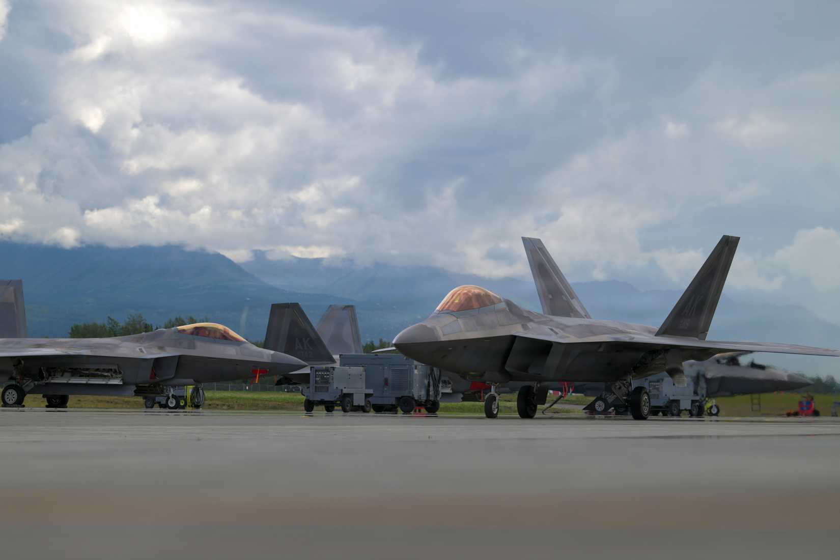 Air Force F-22 Raptor aircraft assigned to the 90th Fighter Squadron taxis for takeoff during RED FLAG-Alaska 26-3