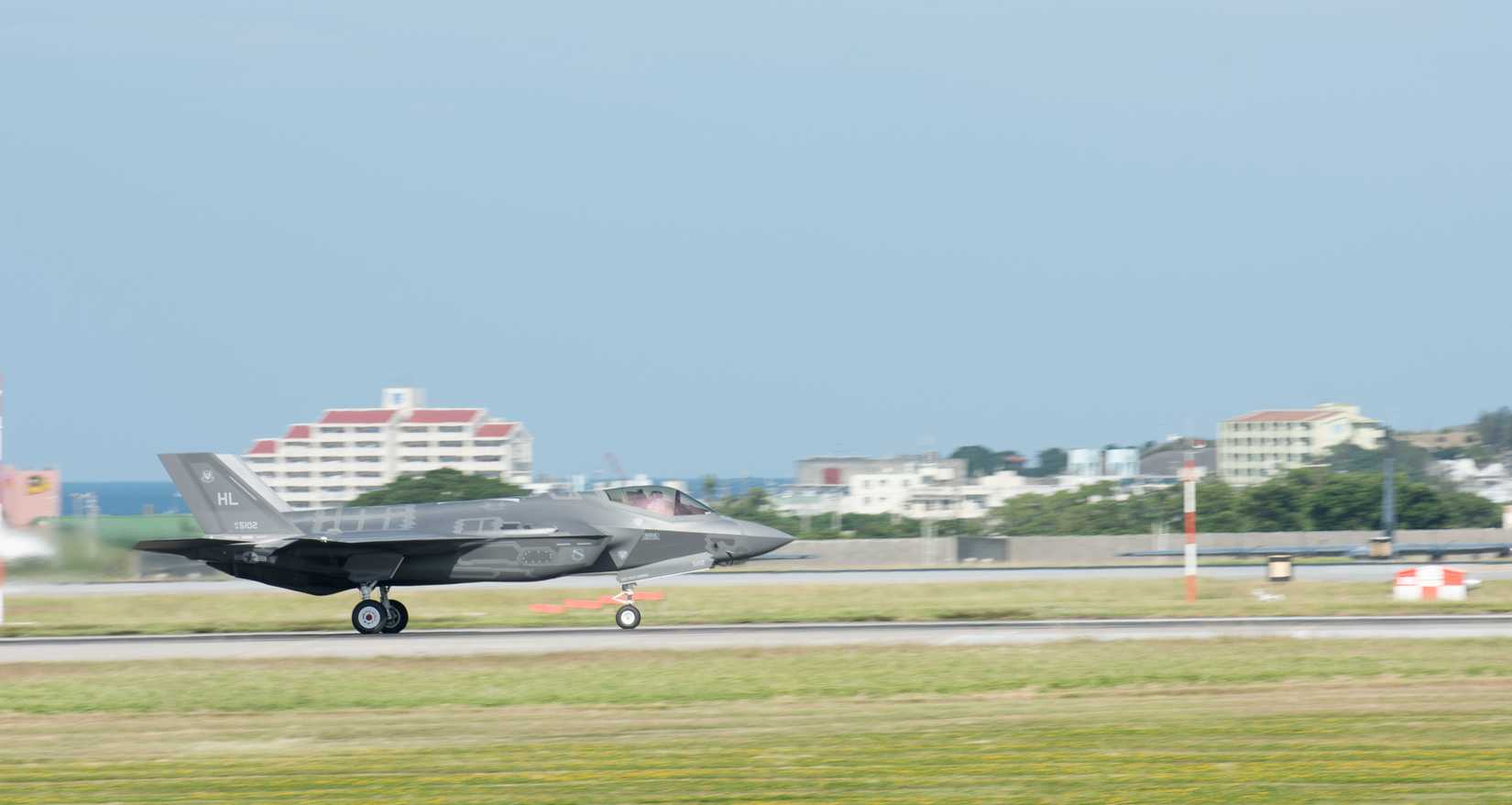 Air Force F-35A Lightning II from Hill Air Force Base, Utah, takes off from the runway at Kadena Air Base, Japan