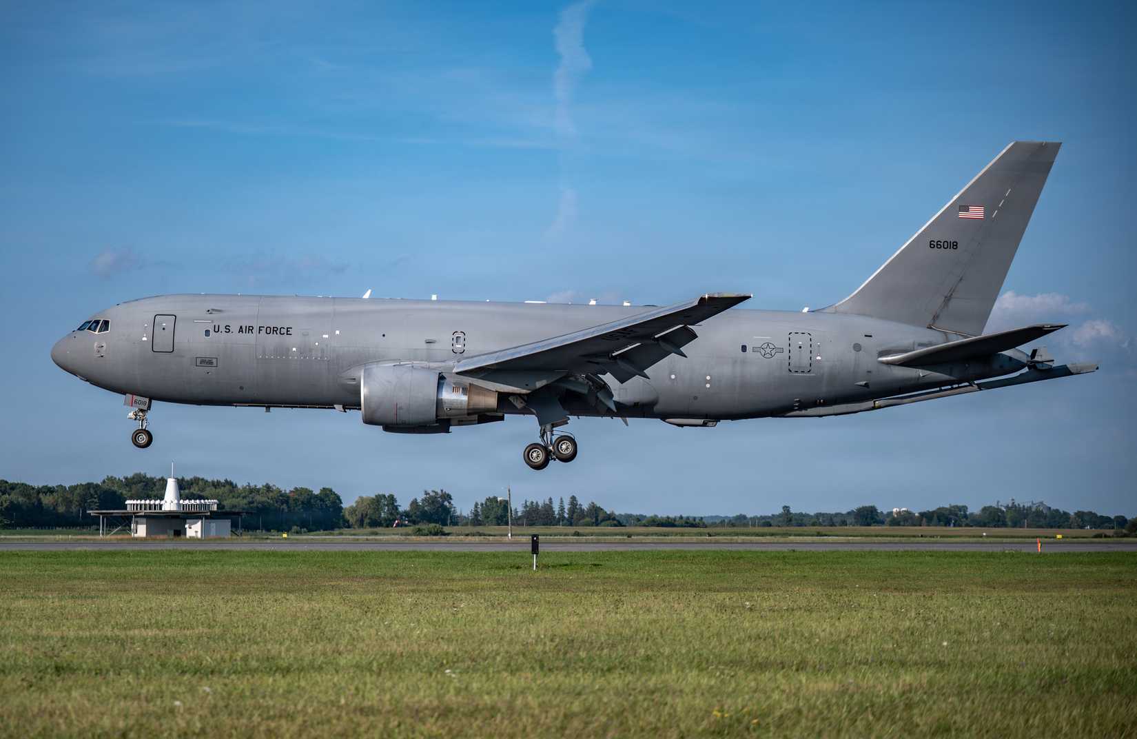Air Force KC-46 Pegasus aircraft assigned to the 97th Air Mobility Wing lands at London International Airport