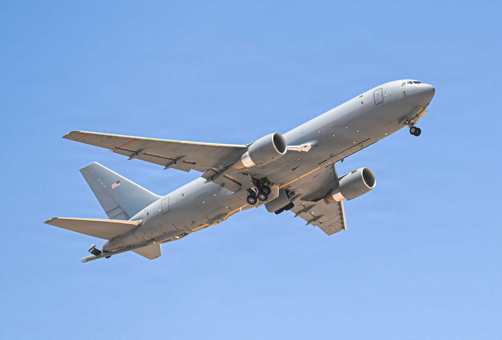 Air Force KC-46 Pegasus aircraft takes off from a base in the U.S. Central Command area of responsibility