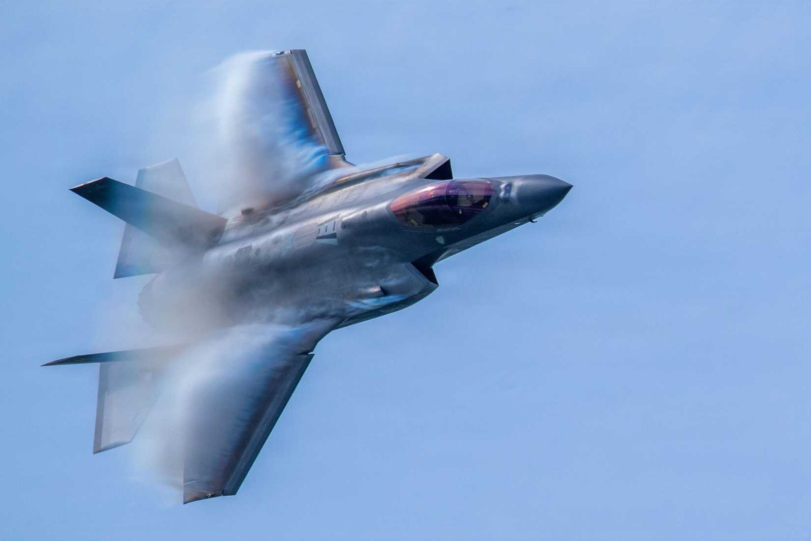 Air Force Maj. Sean “Rambo” Laughlin, commander of the F-35A Lightning II Demonstration Team, performs an aerial maneuver