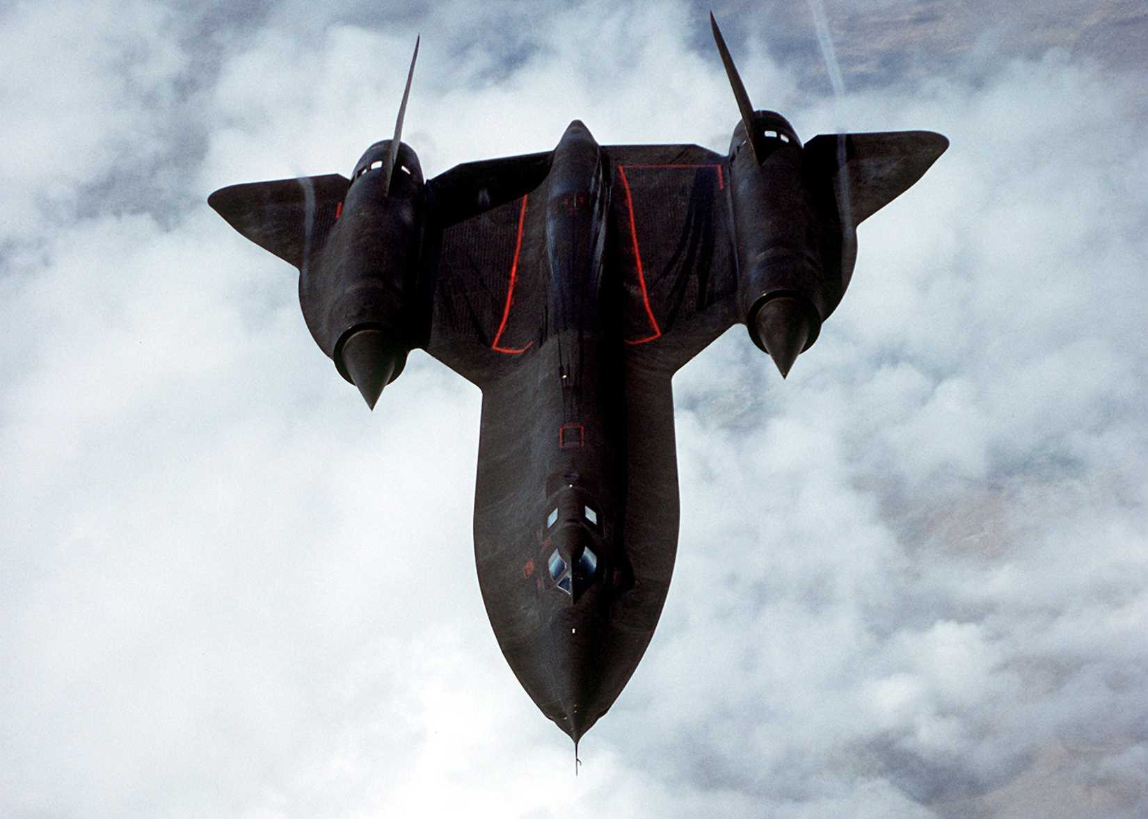 Air-to-air overhead view of an SR-71 Blackbird aircraft from the 9th Strategic Reconnaissance Wing