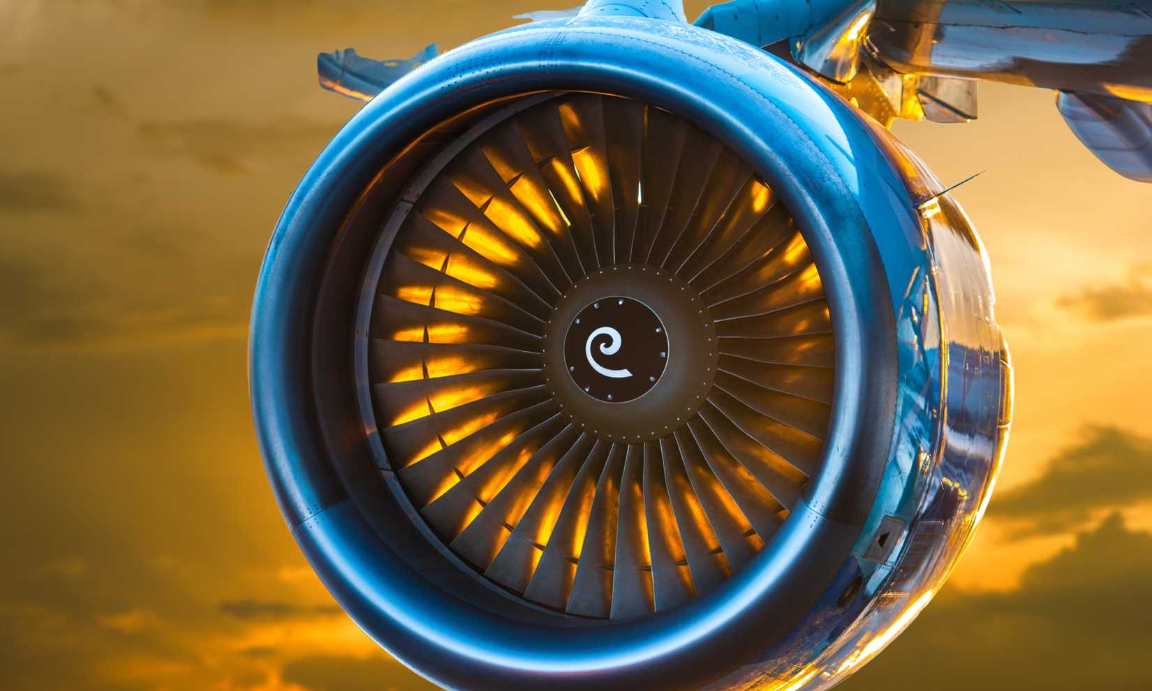 Aircraft jet engine during sunset or sunrise