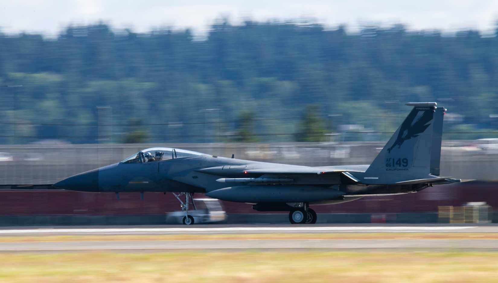 An F-15C Eagle assigned to the California Air National Guard's 144th Fighter Wing takes off for a training flight from Portland Air National Guard Base