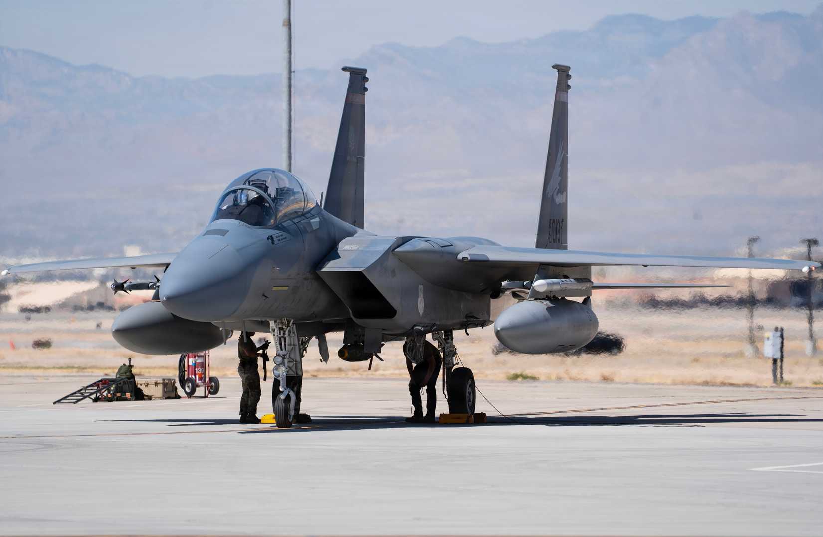 An F-15EX Eagle II aircraft assigned to the Oregon Air National Guard’s 142nd Wing sits on the flight line at Nellis Air Force Base