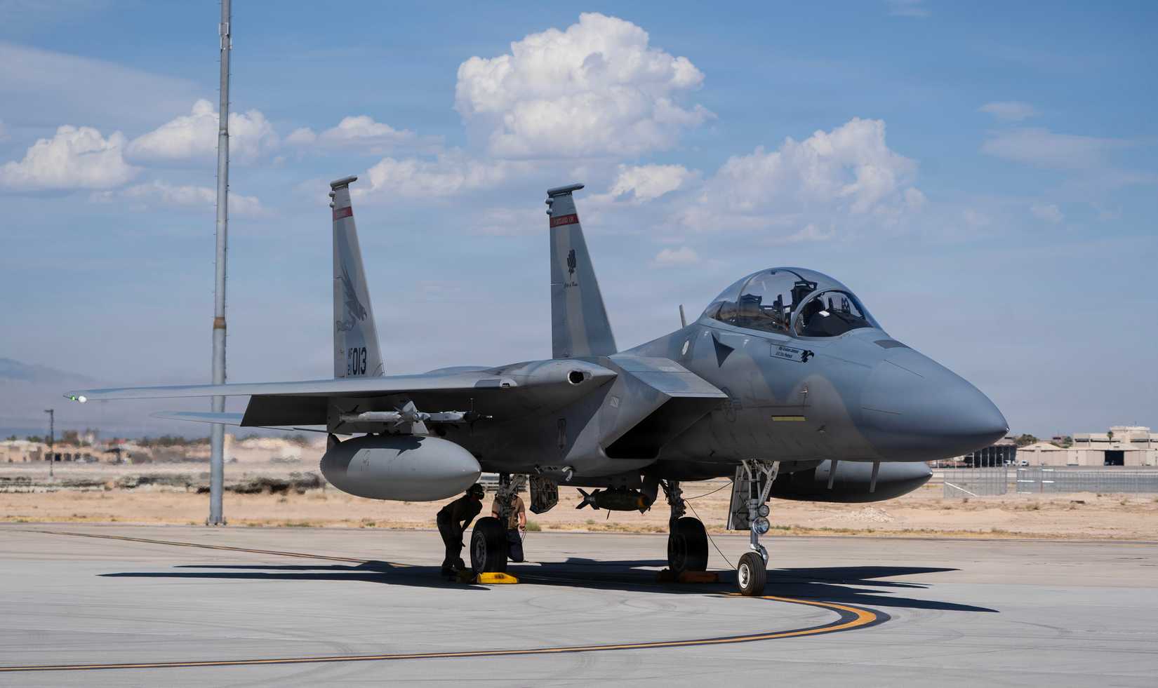 An F-15EX Eagle II aircraft assigned to the Oregon Air National Guard’s 142nd Wing sits on the flight line