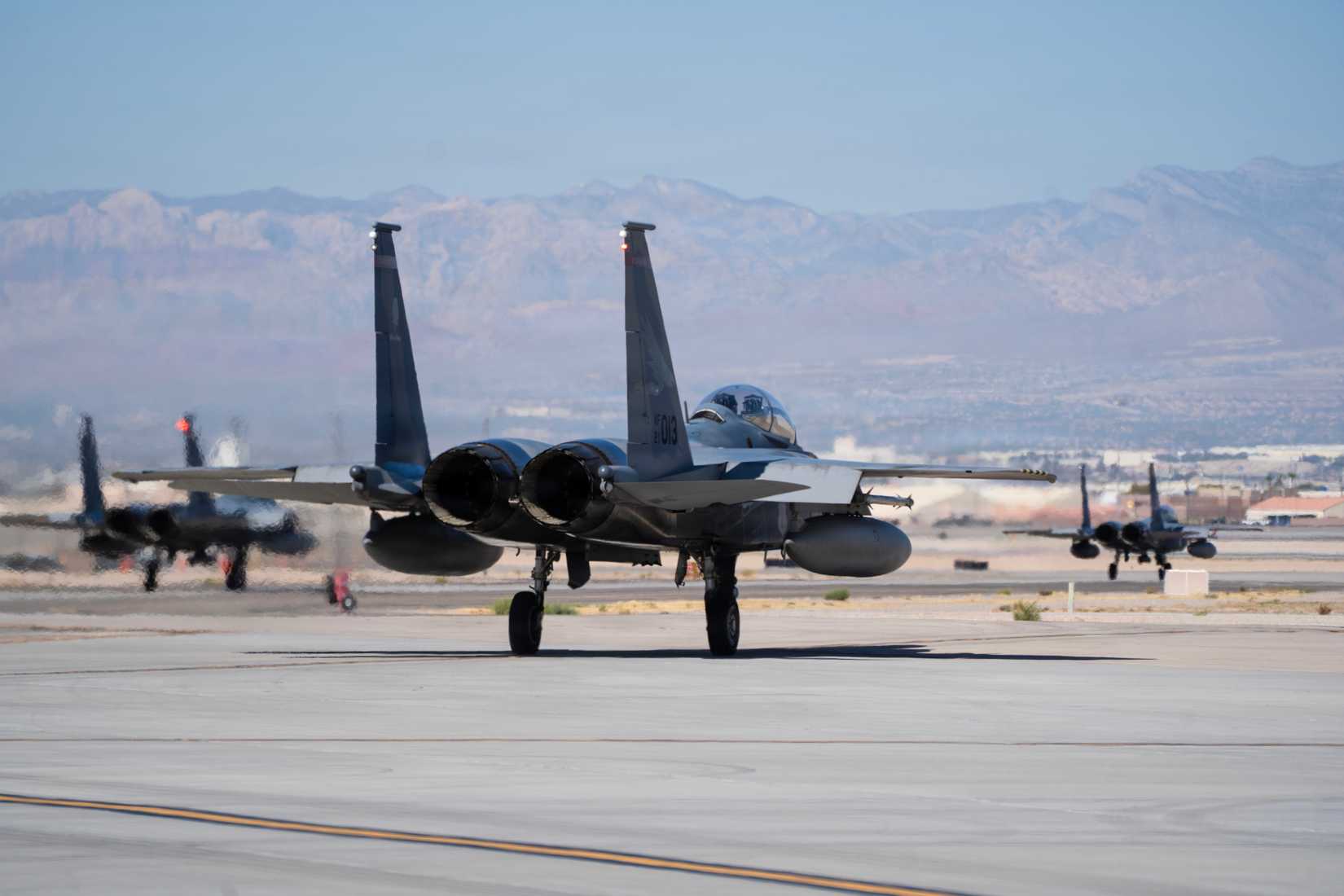 An F-15EX Eagle II aircraft assigned to the Oregon Air National Guard’s 142nd Wing taxis the flight line at Nellis Air Force Base