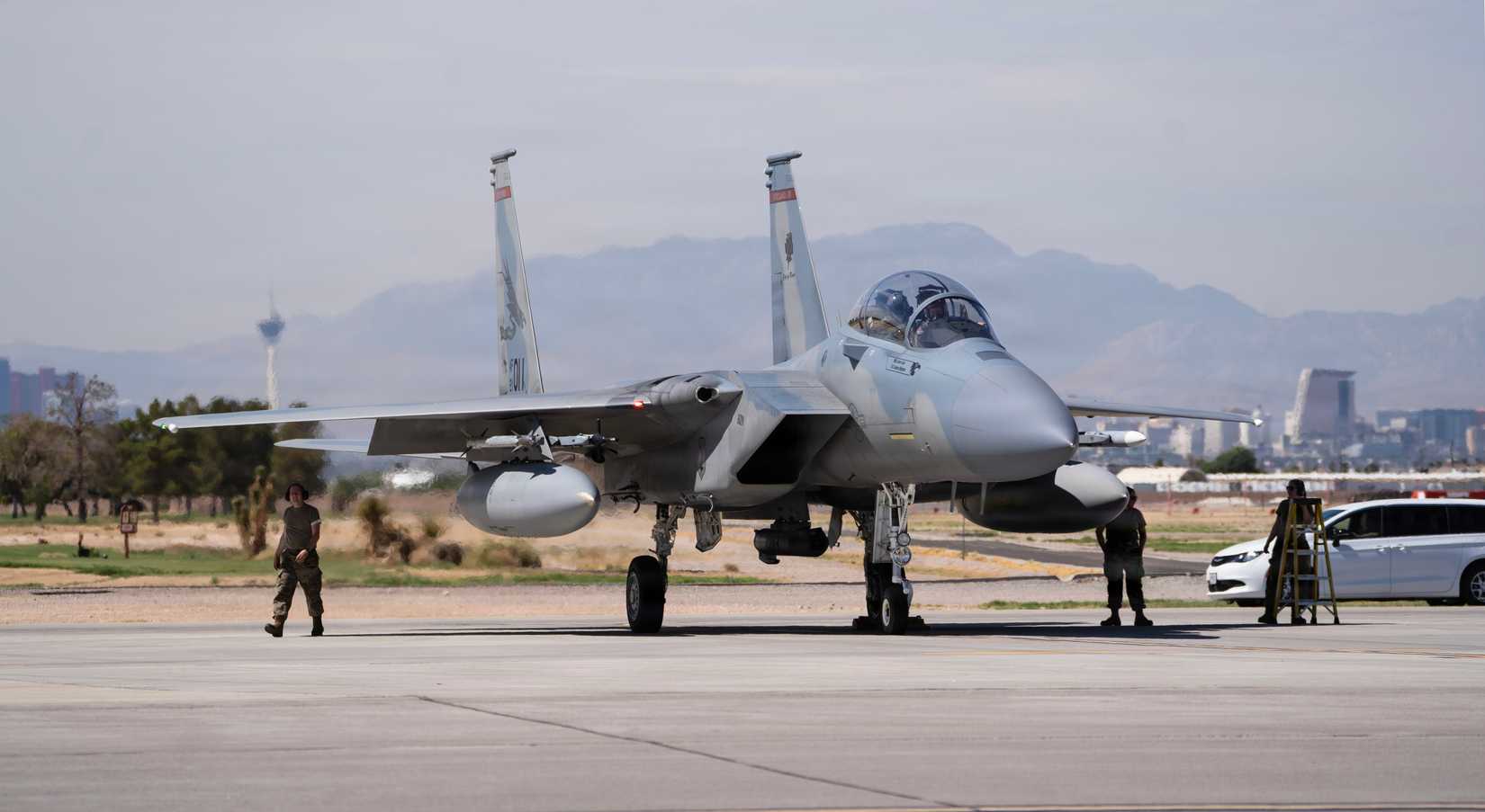 An F-15EX Eagle II aircraft assigned to the Oregon Air National Guard’s 142nd Wing undergoes final checks before taking off