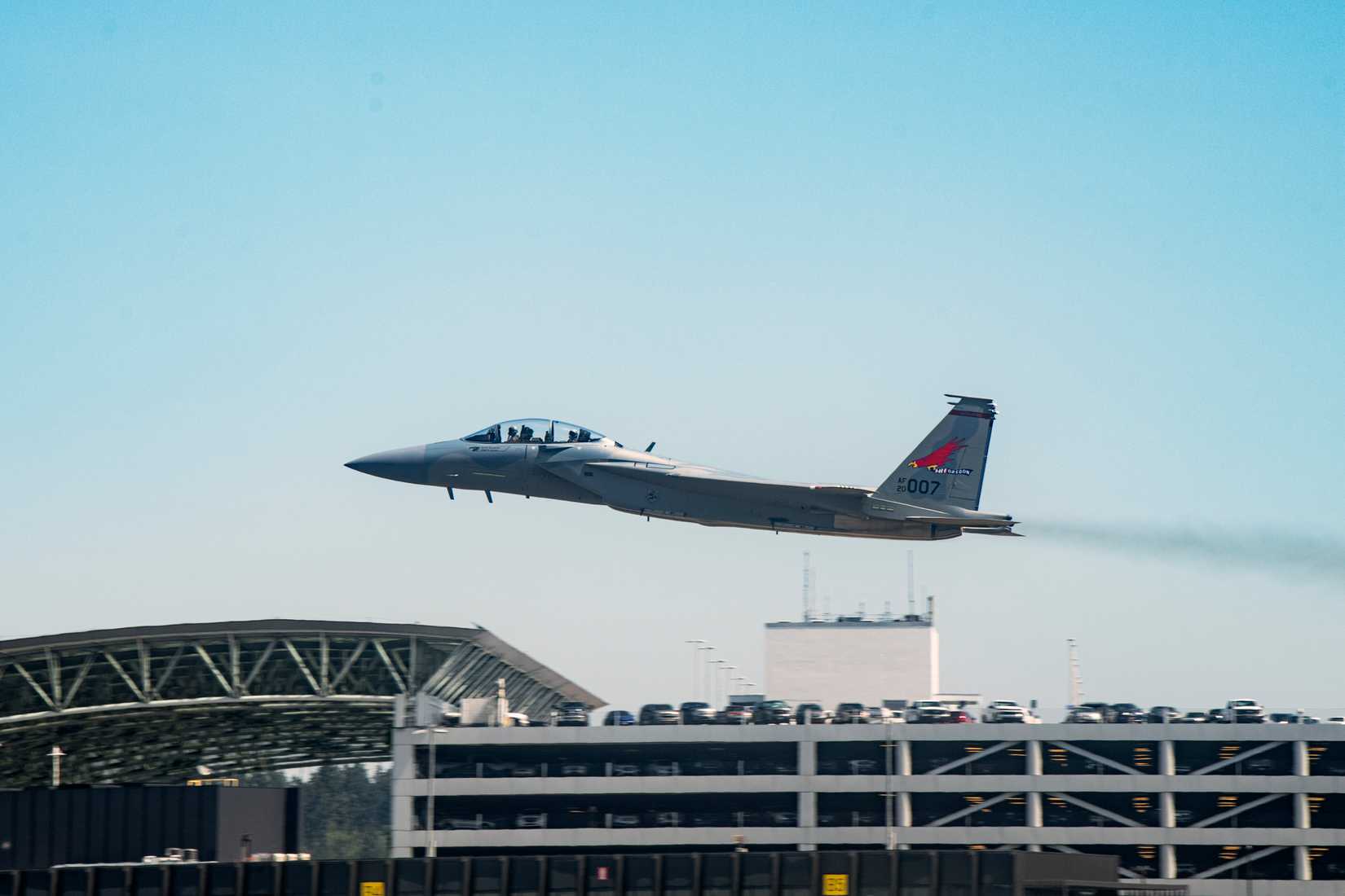 An F-15EX Eagle II, assigned to the 142nd Wing, takes off during the official Unveiling Ceremony