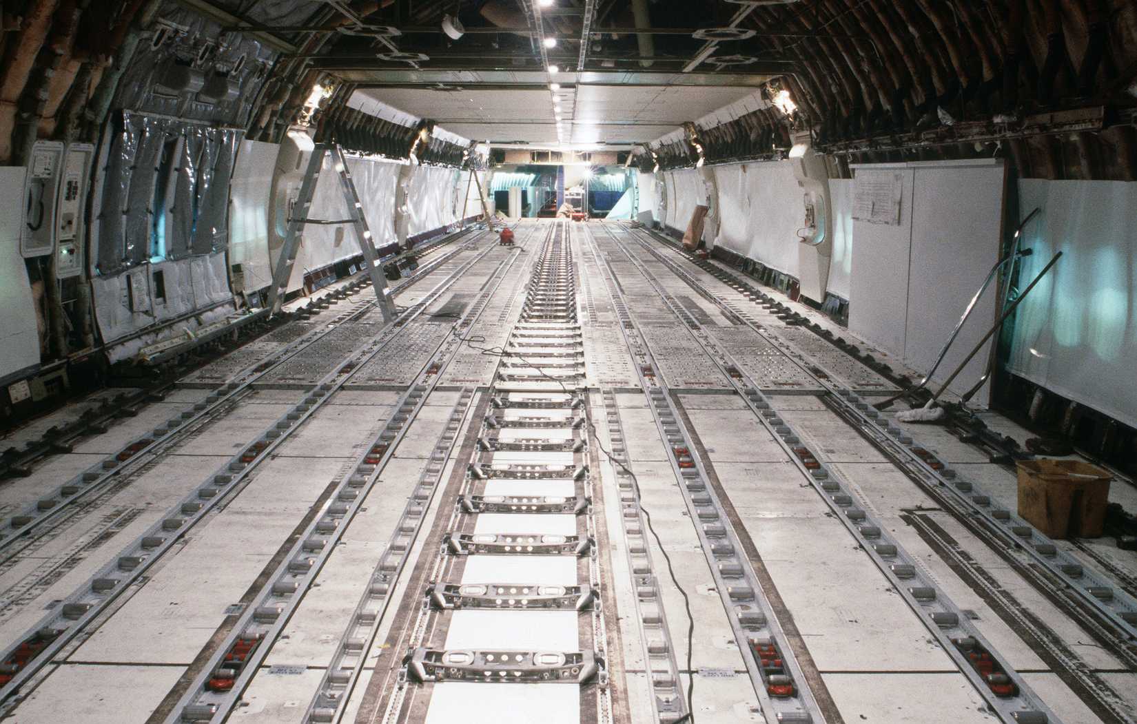 An interior view of the Sea Serpent, a modified Boeing 747 aircraft. The aircraft has undergone modification as part of a Military Airlift Command