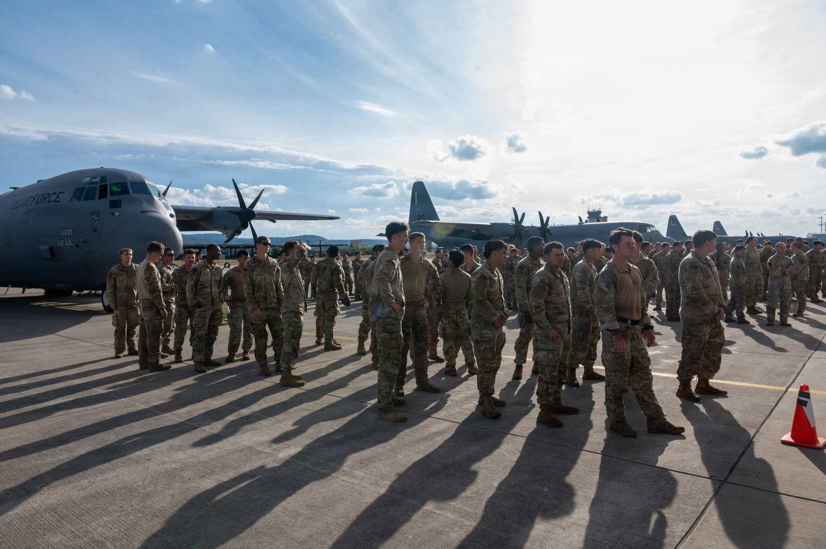 Army paratroopers assigned to the 173rd Airborne Brigade verify their bump plan during Saber Junction 26 at Ramstein Air Base