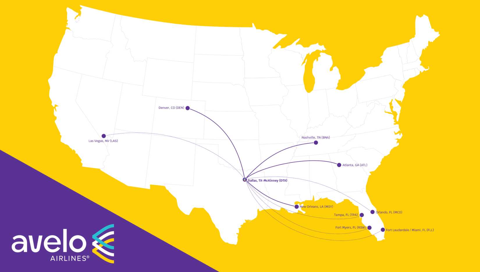 Avelo routes from Dallas McKinney National
